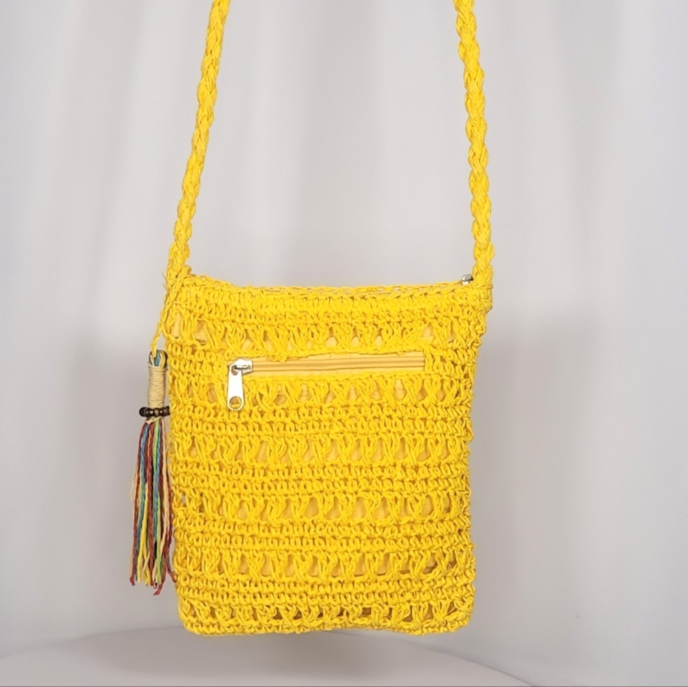 Delia’s Yellow Crochet Crossbody Bag Tassel Boho Festival Summer Purse - Picture 3 of 8